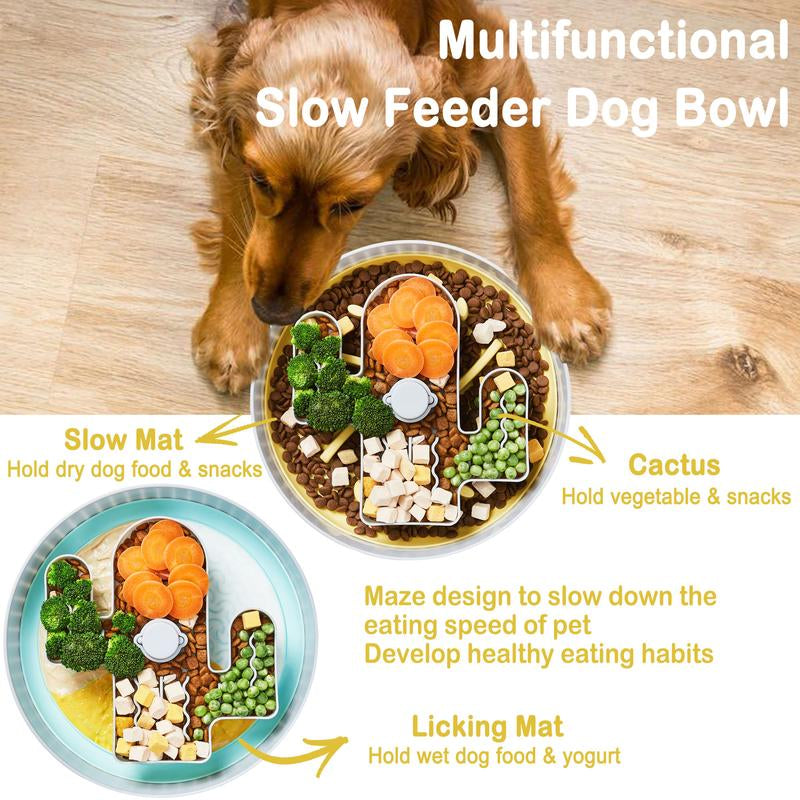 Slow Feeder Dog Bowls Anti-Choking Anti-Slip Slowing down Eating Speed 2 Dtachable Insert Mats Green Silicone & Yellow Lick Mats for Medium and Large Dogs Interactive Maze Dog Puzzle Bowl